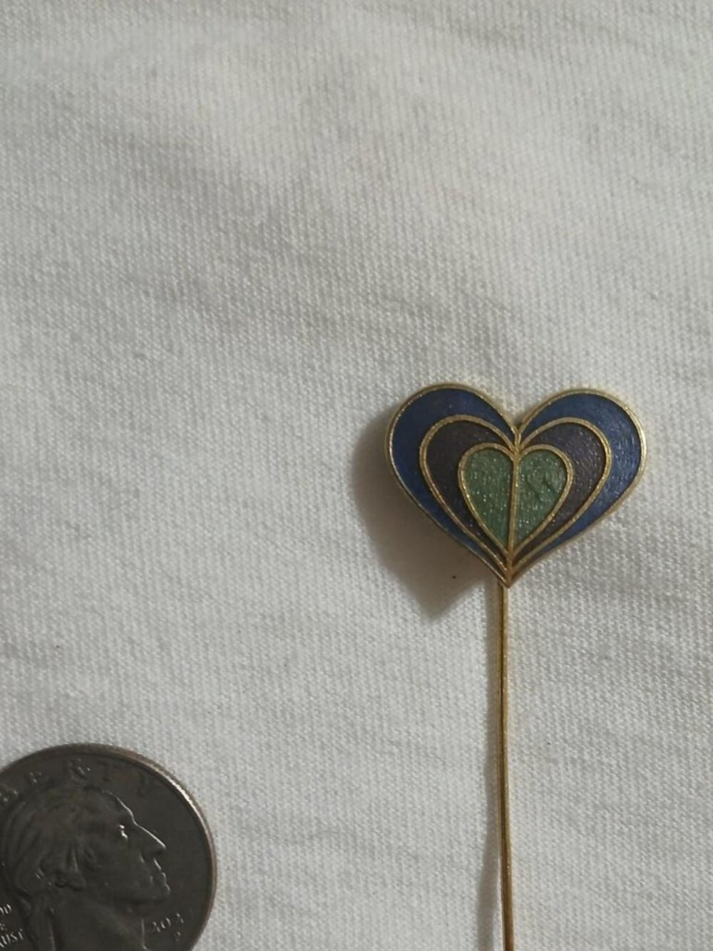 Vintage 1950s Blue & Green Enamel Heart Stickpin